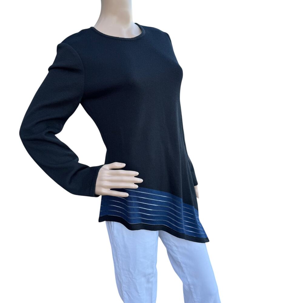 ST. JOHN Pre-Fall 2016 Black Wool Asymmetrical Tunic Sweater Blue Stripe Small
